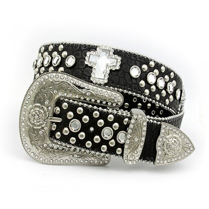 Belt - 12 PCS Rhinestone Leather Belt - 12 PCS Croc Embossed w/ Cross Charms - Black Color - BLT-CRS149CBBK