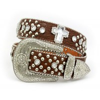 Belt - 12 PCS Rhinestone Leather Belt - 12 PCS Croc Embossed w/ Cross Charms - Brown Color - BLT-CRS149CBBR