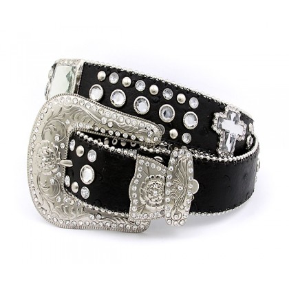 Belt - 12 PCS Rhinestone Leather Belt - 12 PCS Ostrich Embossed w/ Cross Charms - Black Color - BLT-CRS150TNBK