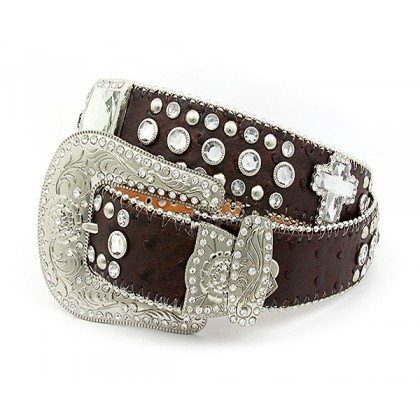 Belt - 12 PCS Rhinestone Leather Belt - 12 PCS Ostrich Embossed w/ Cross Charms - Coffee Color - BLT-CRS150TNCOF