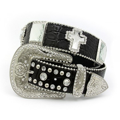 Belt - 12 PCS Rhinestone Leather Belt - 12 PCS Croc Embossed w/ Cross Charms - Black Color - BLT-CRS151CBK