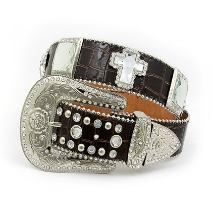 Belt - 12 PCS Rhinestone Leather Belt - 12 PCS Croc Embossed w/ Cross Charms - Brown Color - BLT-CRS151CBR