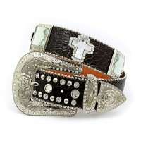 Belt - 12 PCS Rhinestone Leather Belt - 12 PCS Croc Embossed w/ Cross Charms - Coffee Color - BLT-CRS151CCOF