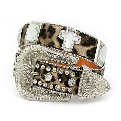 Belt - 12 PCS Rhinestone Leather Belt - 12 PCS Croc Embossed w/ Cross Charms - Leopard/Brown Color - BLT-CRS151LPBR