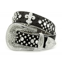 Belt - 12 PCS Rhinestone Leather Belt - 12 PCS Ostrich Embossed w/ Fleur De Lis Charms - Black Color - BLT-FDL152TNBK