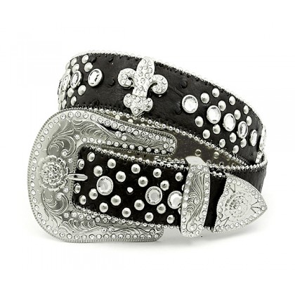 Belt - 12 PCS Rhinestone Leather Belt - 12 PCS Ostrich Embossed w/ Fleur De Lis Charms - Black Color - BLT-FDL152TNBK