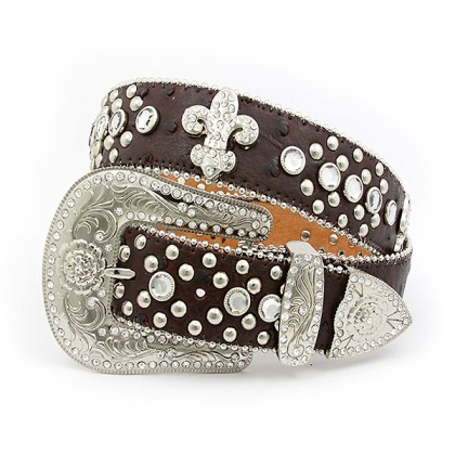 Belt - 12 PCS Rhinestone Leather Belt - 12 PCS Ostrich Embossed w/ Fleur De Lis Charms - Coffee Color - BLT-FDL152TNCOF