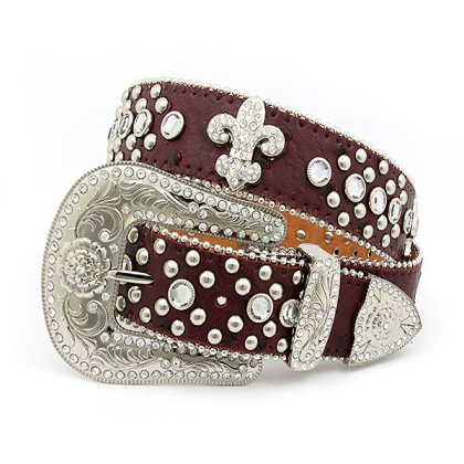 Belt - 12 PCS Rhinestone Leather Belt - 12 PCS Ostrich Embossed w/ Fleur De Lis Charms - Red Color - BLT-FDL152TNRD