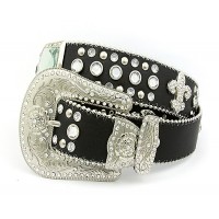 Belt - 12 PCS Rhinestone Leather Belt - 12 PCS Fleur De Lis Charms - Black Color - BLT-FDL153BK