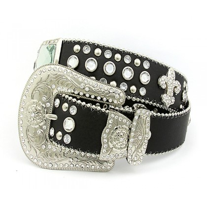 Belt - 12 PCS Rhinestone Leather Belt - 12 PCS Fleur De Lis Charms - Black Color - BLT-FDL153BK