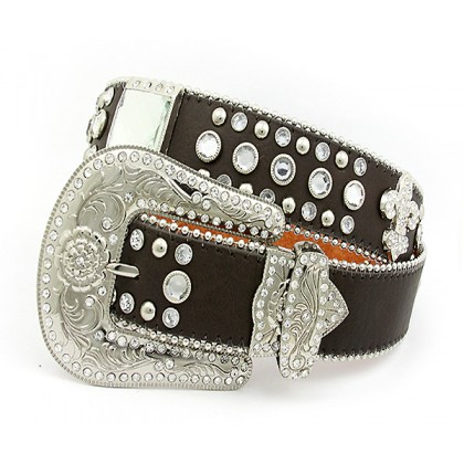 Belt - 12 PCS Rhinestone Leather Belt - 12 PCS Fleur De Lis Charms - Coffee Color - BLT-FDL153COF