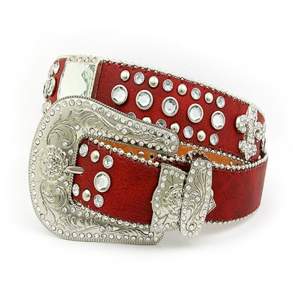 Belt - 12 PCS Rhinestone Leather Belt - 12 PCS Fleur De Lis Charms - Red Color - BLT-FDL153RD