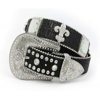 Belt - 12 PCS Rhinestone Leather Belt - 12 PCS Croc Embossed w/ Fleur De Lis Charms - Black Color - BLT-FDL154CBBK