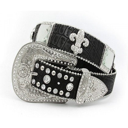 Belt - 12 PCS Rhinestone Leather Belt - 12 PCS Croc Embossed w/ Fleur De Lis Charms - Black Color - BLT-FDL154CBBK