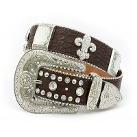 Belt - 12 PCS Rhinestone Leather Belt - 12 PCS Croc Embossed w/ Fleur De Lis Charms - Coffee Color - BLT-FDL154CBCOF