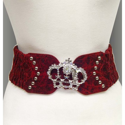 Belt - 12 PCS Distressed Leather - Like Stretchable w/ Rhinestone Crown Buckle - Red - BLT-MXBT-1115RH/RD