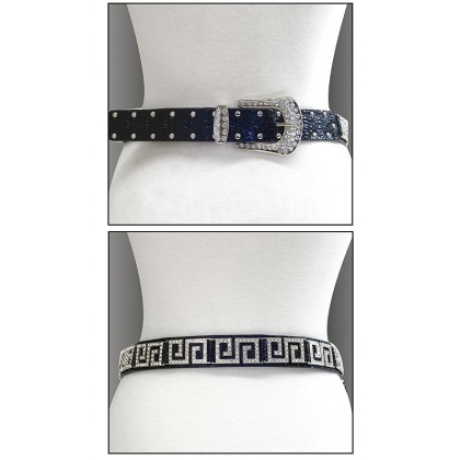 Belt - 12 PCS Rhinestone Leather - Like Belt - 12 PCS Black Color - BLT-TO40201B