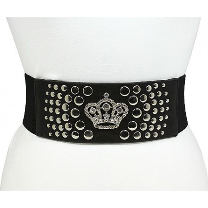 Belt - 12 PCS Studded Crown Elastic Belt - 12 PCS Black Color - BLT-TO40317B