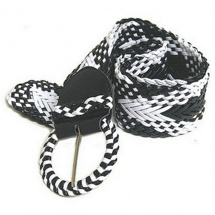 Belt - 12 PCS Braided PU Leather Belt - Black / White - Size : ML - BLT-BE020BW-ML