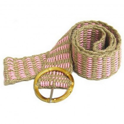 Belt - 12 PCS Jute Woven Belt w/ Bamboo Buckle - Pink - Size = ML - BLT-BE100PK-ML