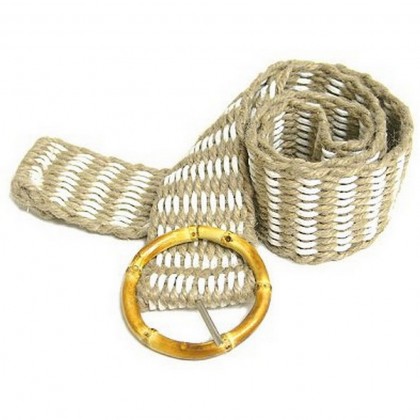 Belt - 12 PCS Jute Woven Belt w/ Bamboo Buckle - White - Size = ML - BLT-BE100WT-ML