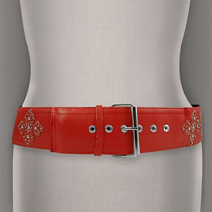 Belt - 12 PCS Soft Leather-Like w/ Studded Patched Flower - Red - BLT-BE161RD-SM