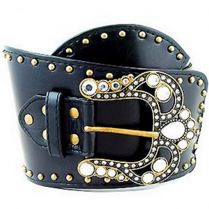 Belt - 12 PCS Leather Like Metal Studded Belt - Black - Size : M - BLT-TO30082BK-M