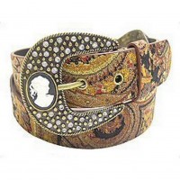 Belt - 12 PCS Studded w/ Jeweled Cameo Buckle - Brown - Size : M - BLT-TO31097BN-M