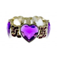 Bracelet – 12 PCS Rhodium Faceted Glass Heart Shape Charm w/Rhinestoned Half Circle Link - Puple - BR-B8544LRDAY
