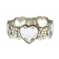 Bracelet – 12 PCS Rhodium Faceted Glass Heart Shape Charm w/Rhinestoned Half Circle Link - Clear - BR-B8544LRDCY
