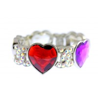 Bracelet – 12 PCS Rhodium Faceted Glass Heart Shape Charm w/Rhinestoned Half Circle Link - Multi Color- BR-B8544LRDDM