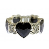 Bracelet – 12 PCS Rhodium Faceted Glass Heart Shape Charm w/Rhinestoned Half Circle Link - Black - BR-B8544LRDJT