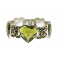 Bracelet – 12 PCS Rhodium Faceted Glass Heart Shape Charm w/Rhinestoned Half Circle Link - Olive Green - BR-B8544LRDOV