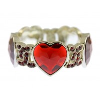 Bracelet – 12 PCS Rhodium Faceted Glass Heart Shape Charm w/Rhinestoned Half Circle Link - Smoke Red - BR-B8544LRDSM