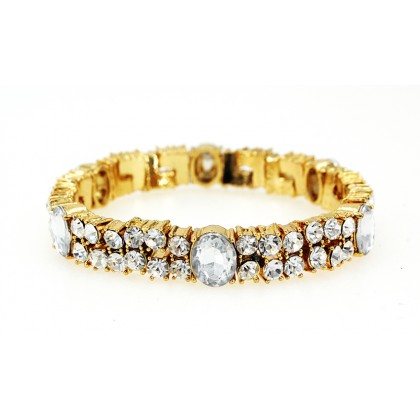 Bracelet – 12 PCS Rhinestone Stretch Bracelet - Double Line Gold Tone - Clear - BR-CQB0831A