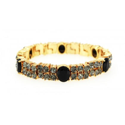 Bracelet – 12 PCS Rhinestone Stretch Bracelet - Double Line Gold Tone - Black - BR-CQB0831B