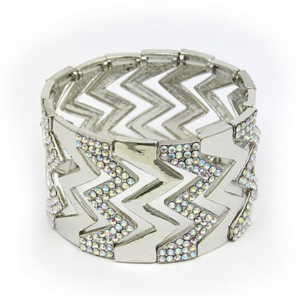 Bracelet – 12 PCS Stretchable Bracelets - Rhinestone Paved Zigzag - AB Clear - BR-81229AB