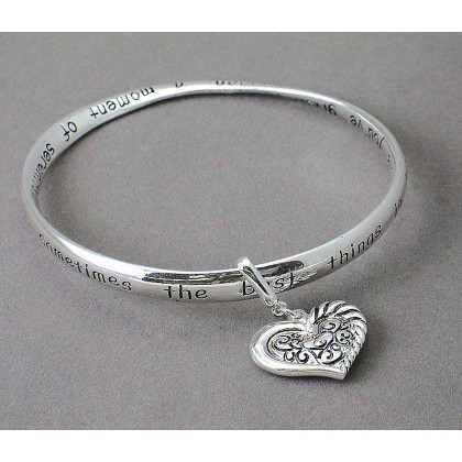 Bracelet – 12 PCS Religious Theme Bangle - Single Twist w/ Antique Look Heart Charm - BR-B8965LATS