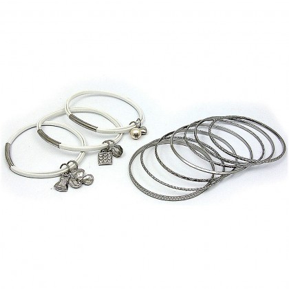 Bracelet – 12 Charm Bracelets + Metal Bangles Sets - BR-HB003B-WH