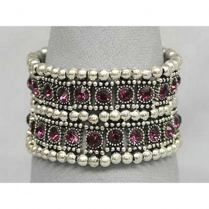 Bracelet – 12 PCS Stretchable Rhinestone Bracelets - Double-Row w/ Bali Beads - Purple - BR-KH11255PL