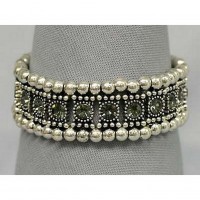 Bracelet – 12 PCS Stretchable Rhinestone Bracelets - Single Row w/ Bali Beads - Grey - BR-KH11362GY