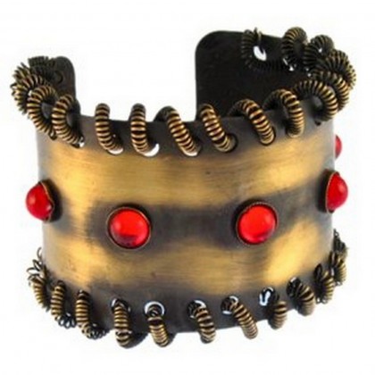 Bracelet – 12 PCS Brass Cuff Imitation Stone - Red Stone Color - BR-LY020RD