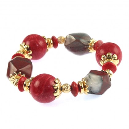 Bracelet – 12 PCS Semi Precious Stretchable Bracelet - Gold Tone/Coral - BR-MB7025GCR