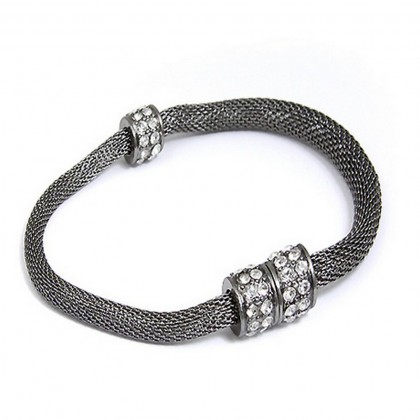 Bracelet – 12 PCS Mesh Strap Bracelets w/ Rhinestone Rings - Rhodium - BR-MCB150-5RH