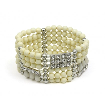 Bracelet – 12 PCS Stretchable Bracelets - Beaded & Rhinestone - White - BR-MCB249WH