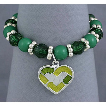 Bracelet – 12 PCS Go-Green Stretctchable Bracelets w/ Heart Charm  - BR-OB00058ASGRN