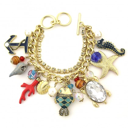 Charm Bracelet - 12 PCS Sea Animal Charms - Multiple Chains w/ Toggle Closure - BR-OB02054AGMUL