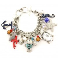 Charm Bracelet - 12 PCS Sea Animal Charms - Multiple Chains w/ Toggle Closure - BR-OB02054RDMUL