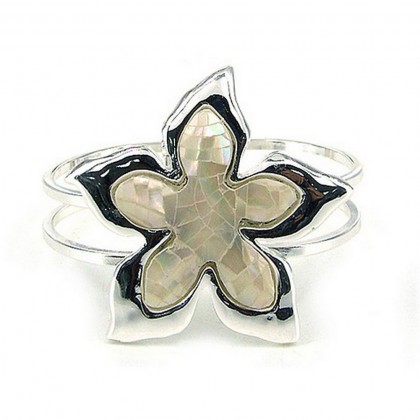 Hinge Bracelets - 12 PCS Mother of Pearl Flower Bracelets - BR-OB02065MPWHT