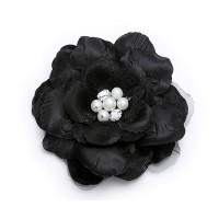 Brooch – 12 PCS Silk Flower w/ Faux Pearl Beads - Black - BC-ABO25113BK
